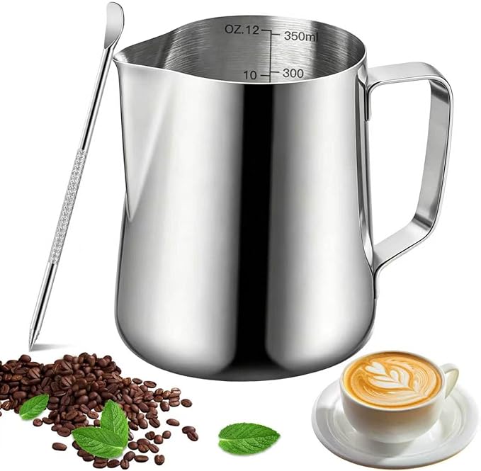 Milk Frothing Pitcher, 12oz Milk Frother Cup with Scale, 304